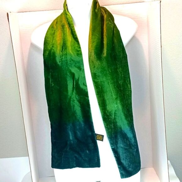 Vintage Green and Blue Ombra Silk and Velvet Scarf Scandi Girl - Picture 1 of 8